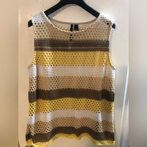 Super cute yellow, white and brown woven Skye’s the limit tank top size L